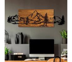 Nástěnná dekorace 93x29 cm hory dřevo/kov